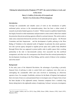 Policing the Industrial North of England, 1777-1877: the Control of Labour at Work, and in the Streets Barry S