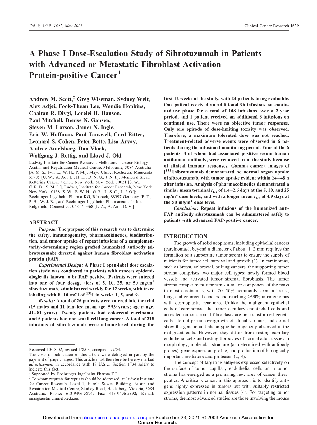 A Phase I Dose-Escalation Study of Sibrotuzumab in Patients with Advanced Or Metastatic Fibroblast Activation Protein-Positive Cancer1