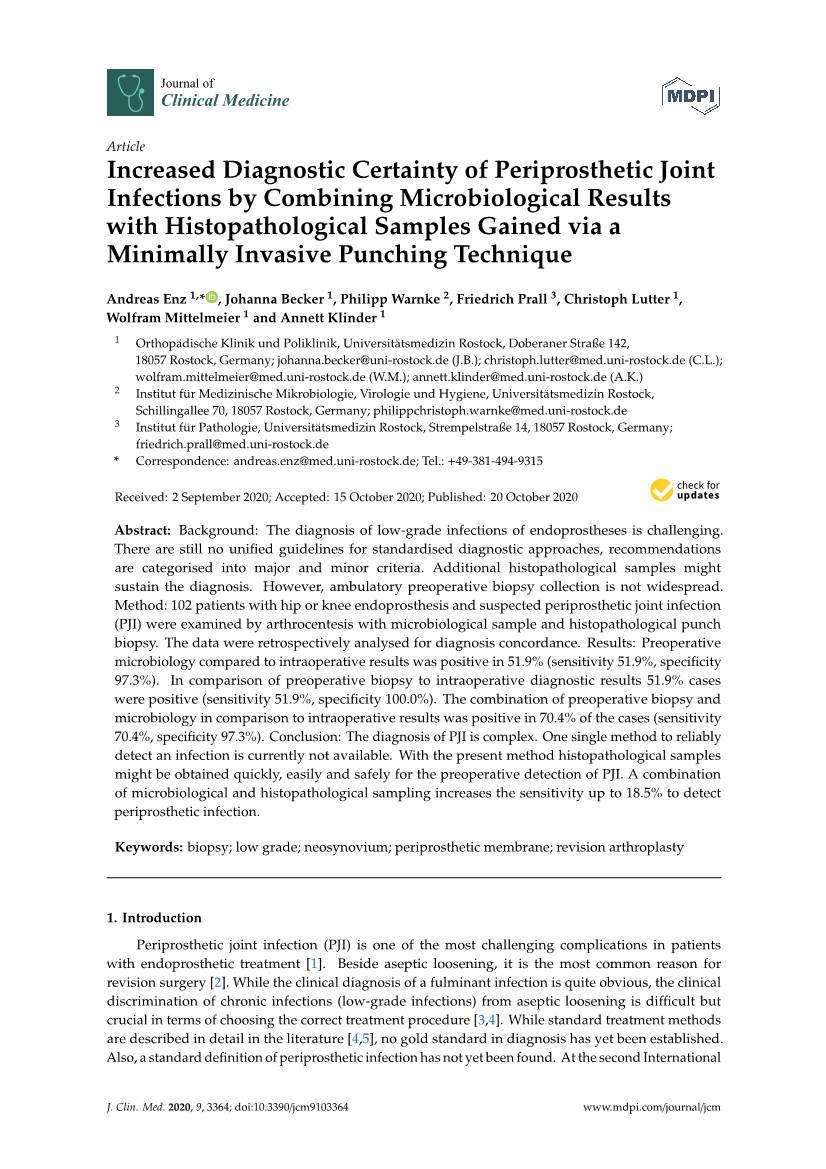 Increased Diagnostic Certainty of Periprosthetic Joint Infections by Combining Microbiological Results with Histopathological Sa