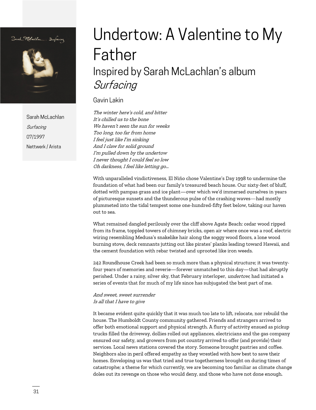 Undertow: a Valentine to My Father Inspired by Sarah Mclachlan’S Album Surfacing Gavin Lakin