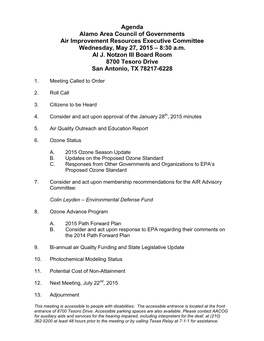 Agenda Alamo Area Council of Governments Air Improvement Resources Executive Committee Wednesday, May 27, 2015 – 8:30 A.M