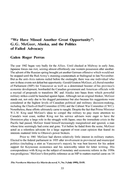 GG Mcgeer, Alaska, and the Politics of Failed Advocacy Galen Roger Perra