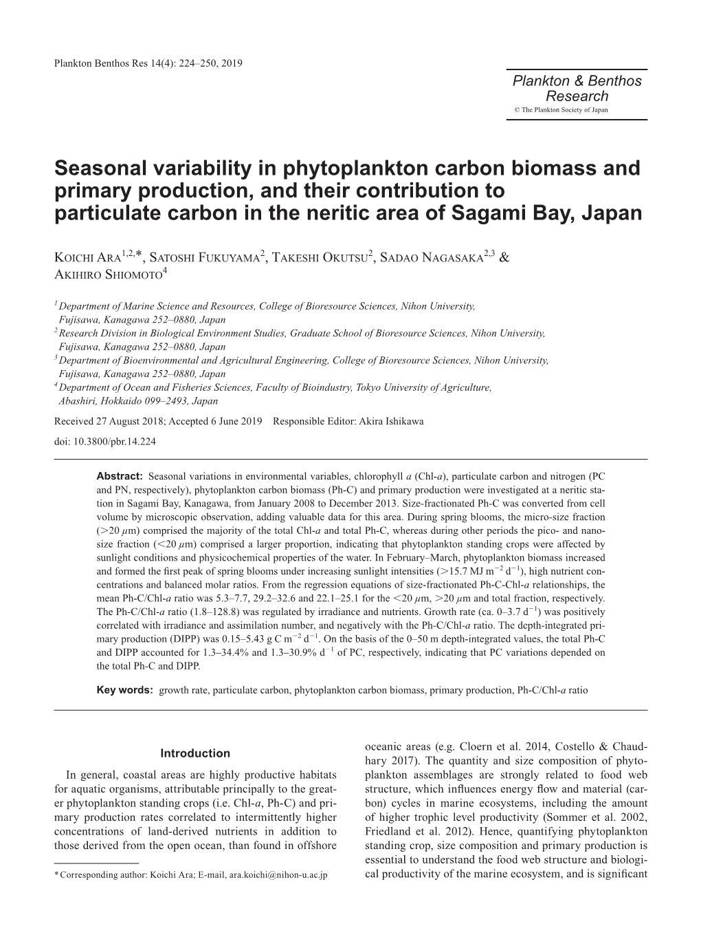 Seasonal Variability in Phytoplankton Carbon Biomass and Primary Production, and Their Contribution to Particulate Carbon in the Neritic Area of Sagami Bay, Japan