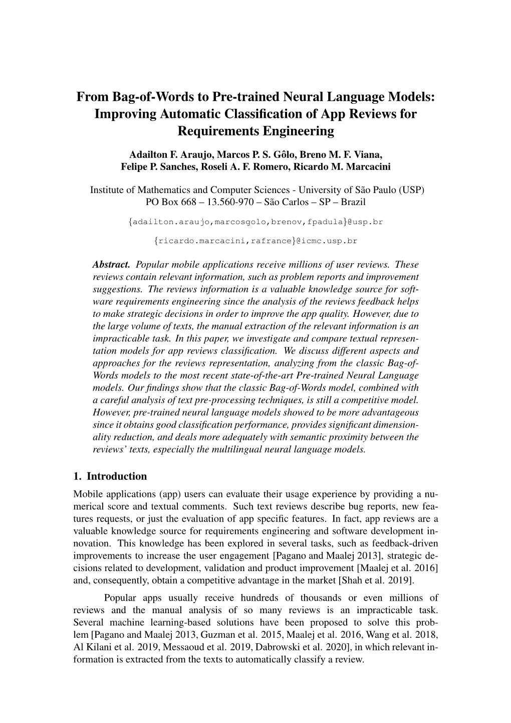 From Bag-Of-Words to Pre-Trained Neural Language Models: Improving Automatic Classification of App Reviews for Requirements Engi