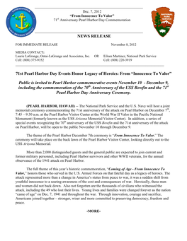 NEWS RELEASE 71St Pearl Harbor Day Events Honor Legacy of Heroics
