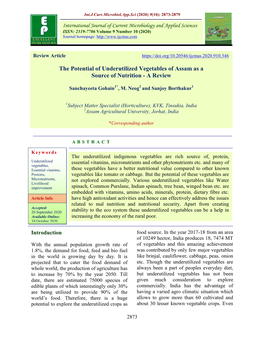 The Potential of Underutilized Vegetables of Assam As a Source of Nutrition - a Review