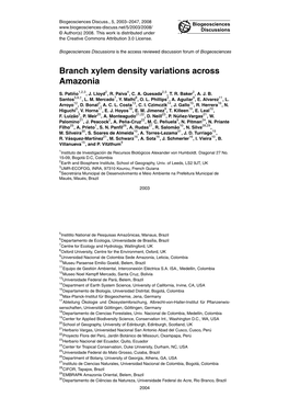 Branch Xylem Density Variations Across Amazonia