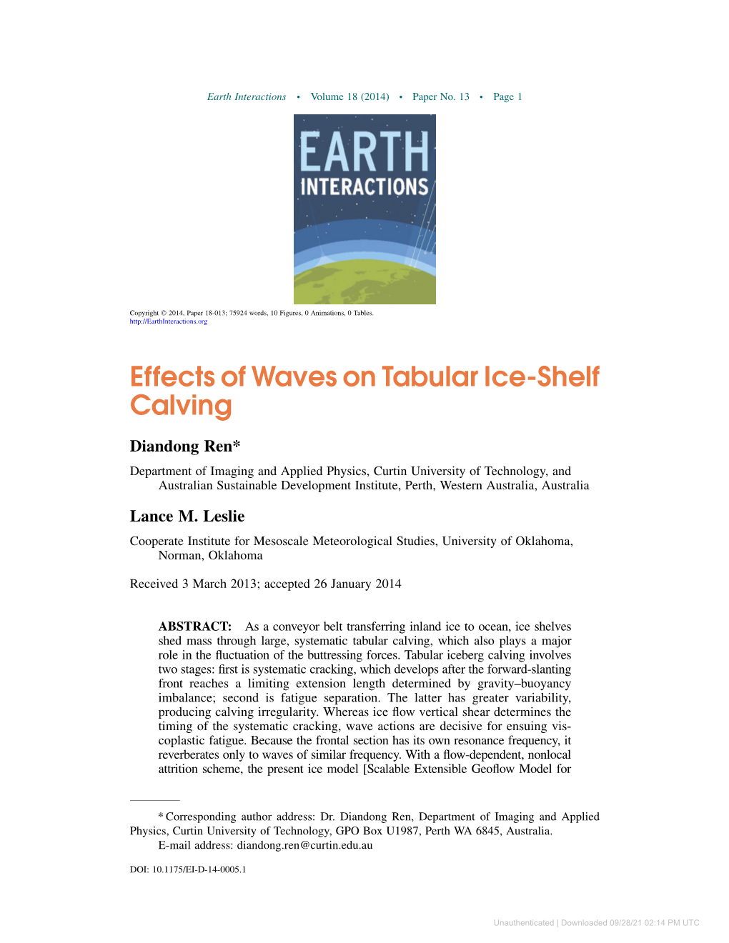 Downloaded 09/28/21 02:14 PM UTC Earth Interactions D Volume 18 (2014) D Paper No