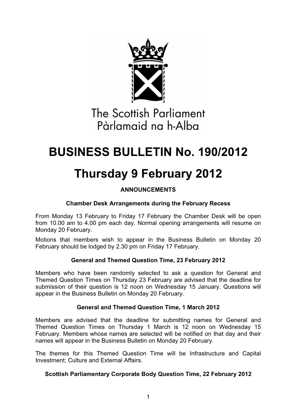 BUSINESS BULLETIN No. 190/2012 Thursday 9 February 2012