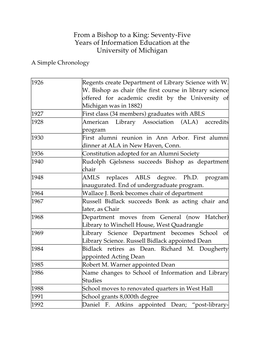 From a Bishop to a King: Seventy-Five Years of Information Education at the University of Michigan a Simple Chronology