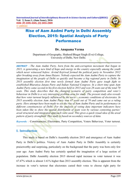 Rise of Aam Aadmi Party in Delhi Assembly Election, 2015: Spatial Analysis of Party Performance