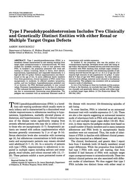 Type I Pseudohypoaldosteronism Includes Two Clinically and Genetically Distinct Entities with Either Renal Or Multiple Target Organ Defects