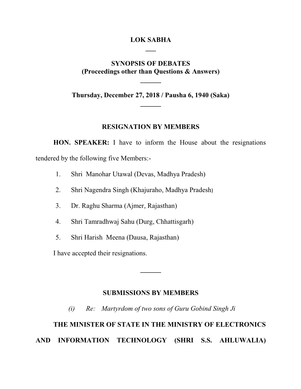 LOK SABHA ___ SYNOPSIS of DEBATES (Proceedings Other Than Questions & Answers) ___Thursday, December 27, 2018 / Pausha 6