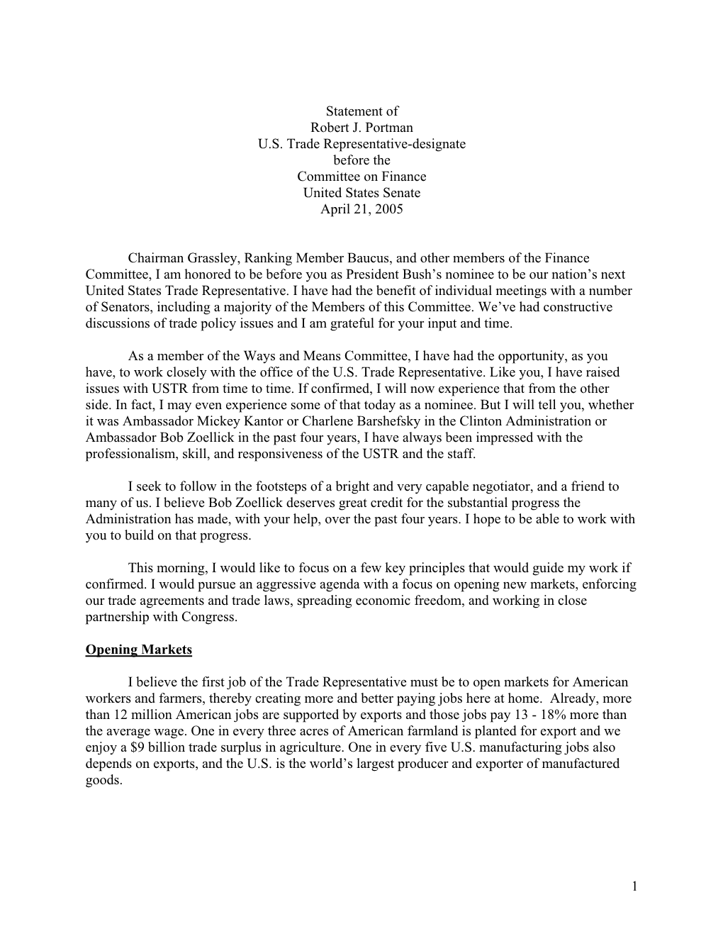 1 Statement of Robert J. Portman U.S. Trade Representative-Designate