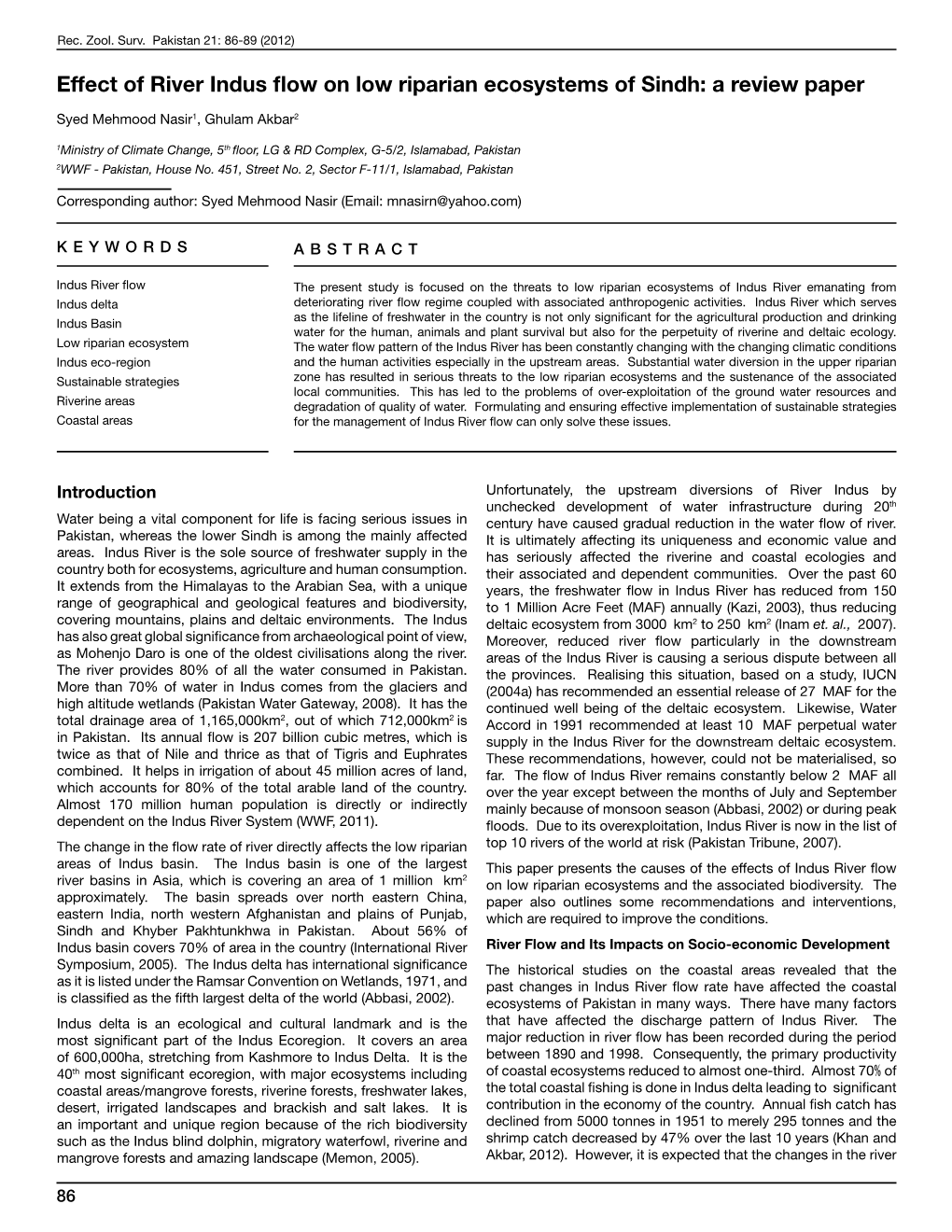 Effect of River Indus Flow on Low Riparian Ecosystems of Sindh: a Review Paper