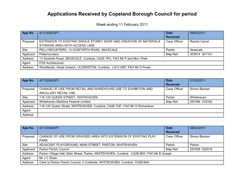 Applications Received by Copeland Borough Council for Period