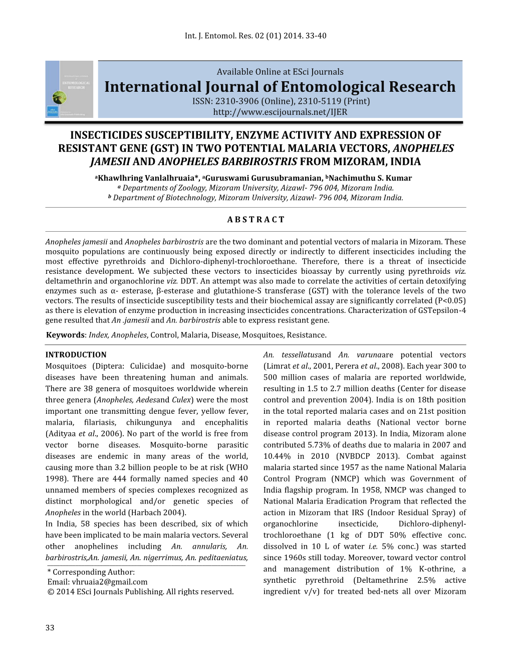 Insecticides Susceptibility, Enzyme Activity And