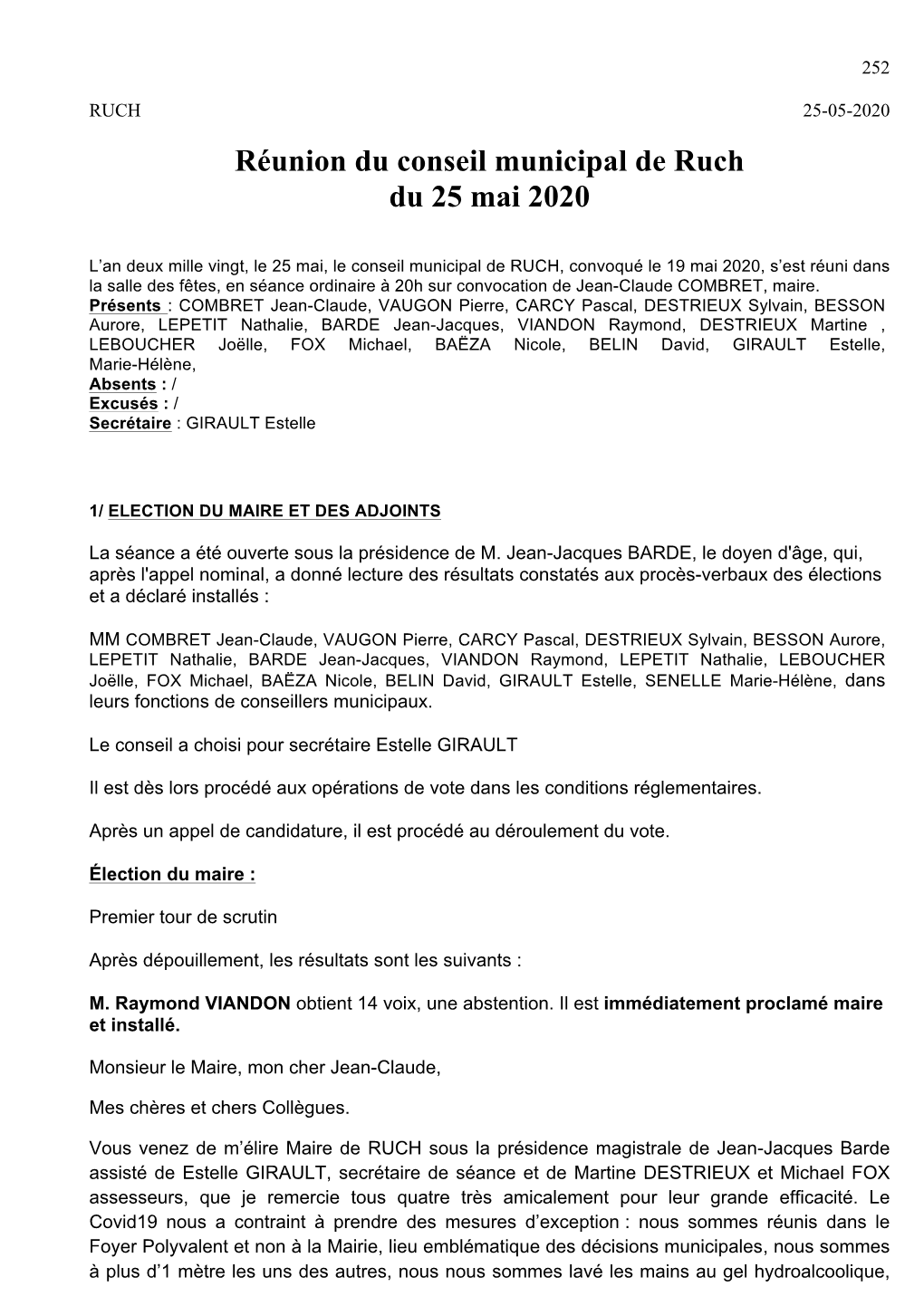 Réunion Du Conseil Municipal De Ruch Du 25 Mai 2020