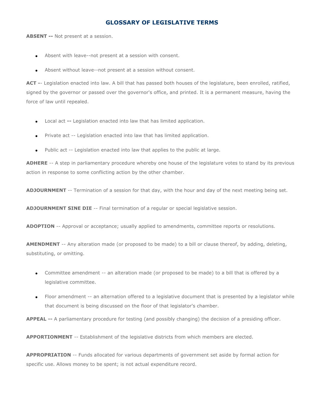 Glossary of Legislative Terms