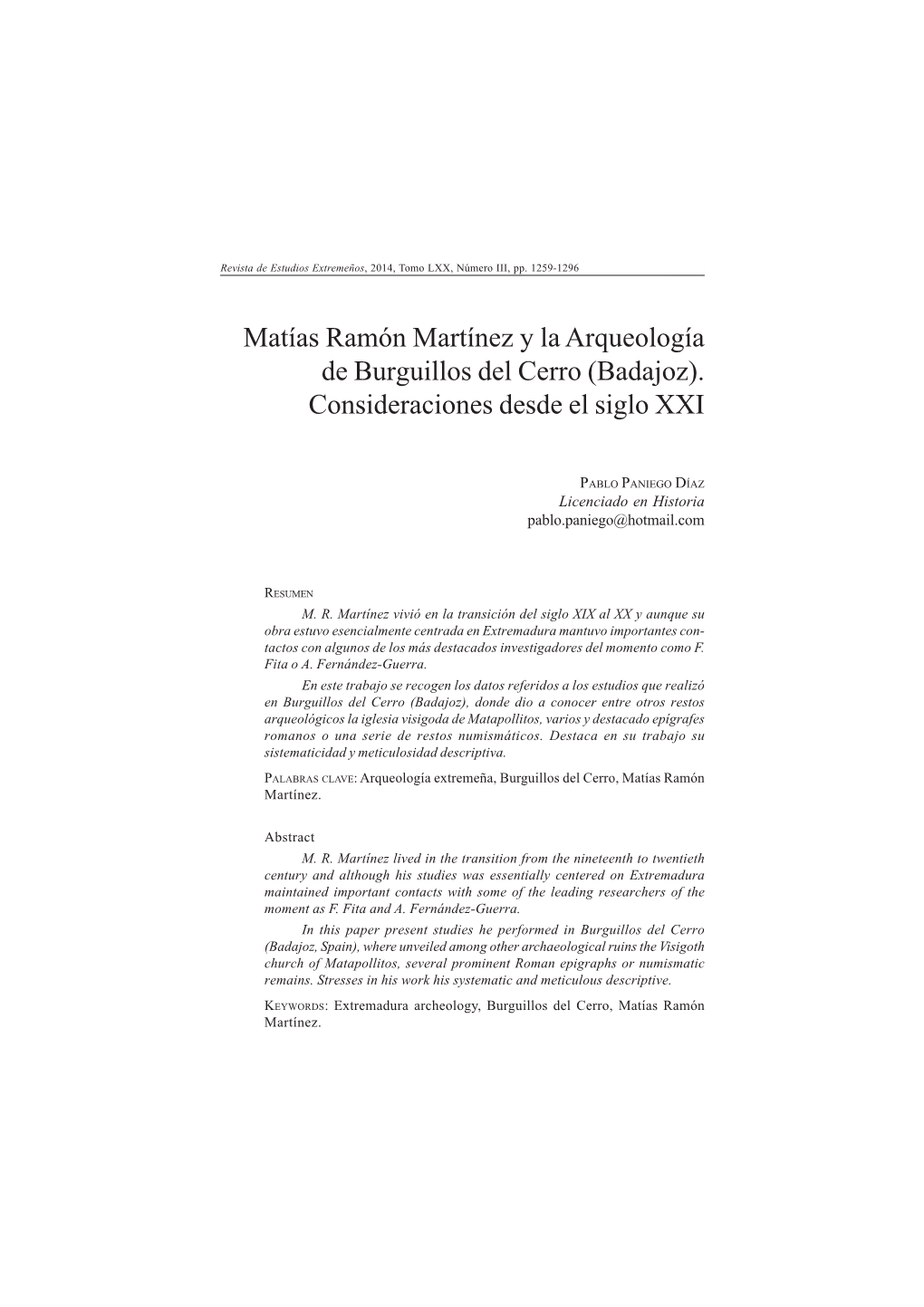 Matías Ramón Martínez Y La Arqueología De Burguillos Del Cerro (Badajoz)