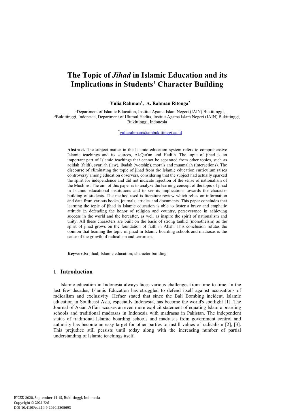 The Topic of Jihad in Islamic Education and Its Implications in Students' Character Building