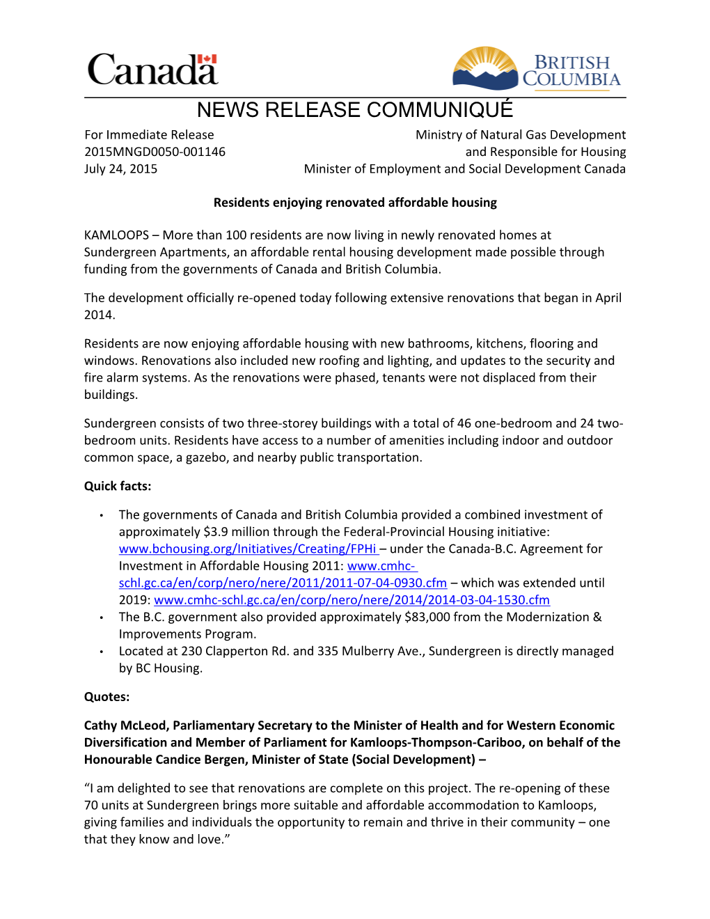 News Release Communiqué