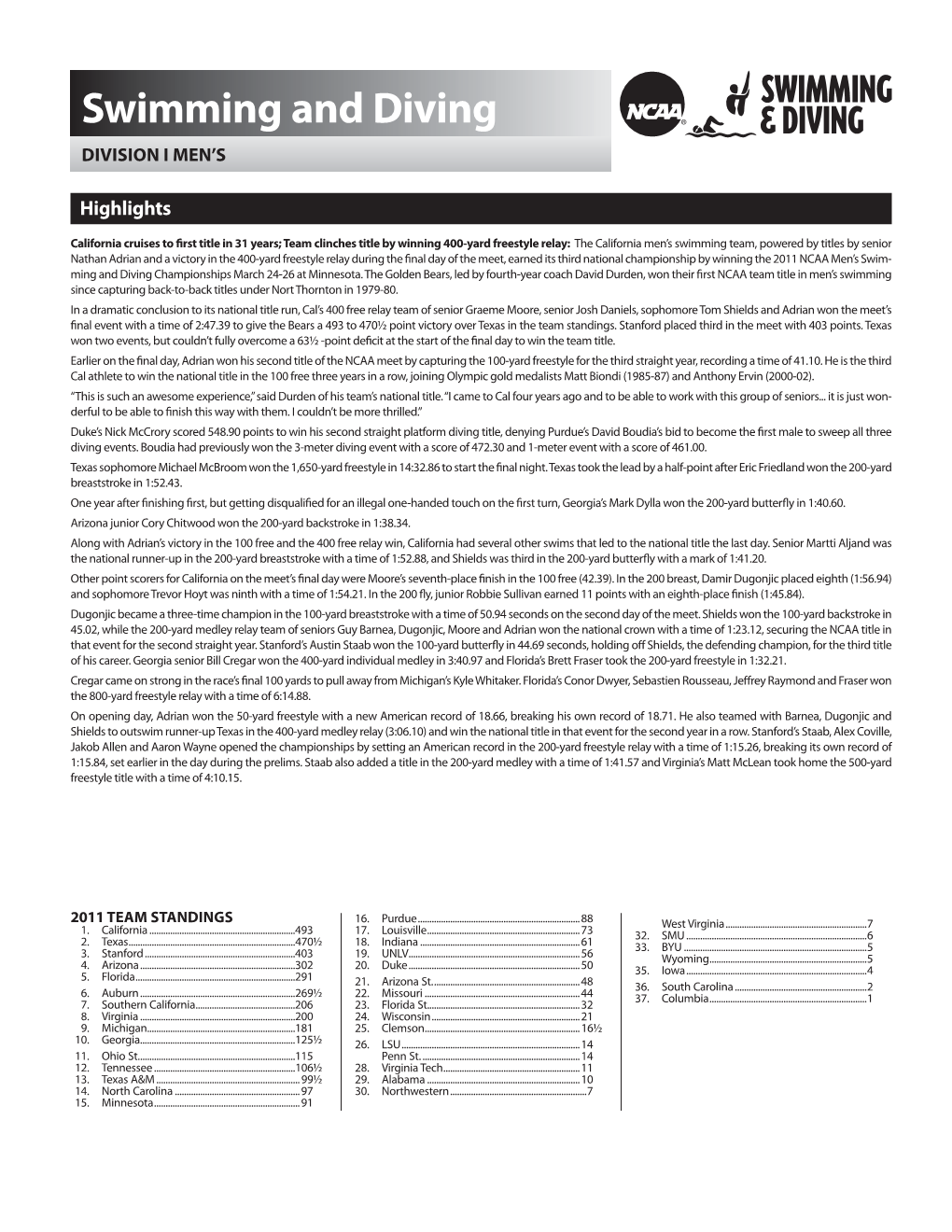 Swimming and Diving DIVISION I MEN’S