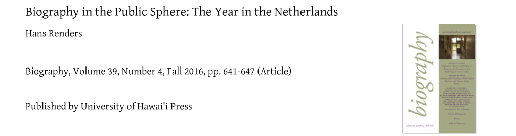 Biography in the Public Sphere: the Year in the Netherlands Hans Renders
