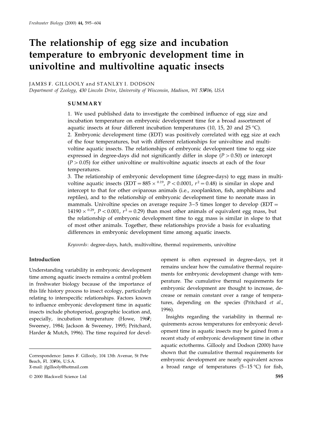 The Relationship of Egg Size and Incubation Temperature to Embryonic Development Time in Univoltine and Multivoltine Aquatic Insects