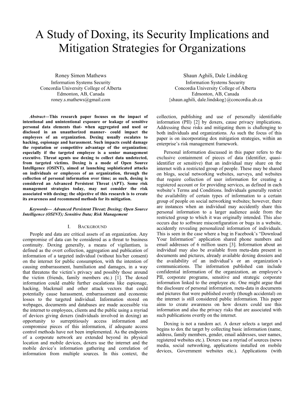 A Study of Doxing, Its Security Implications and Mitigation Strategies for Organizations