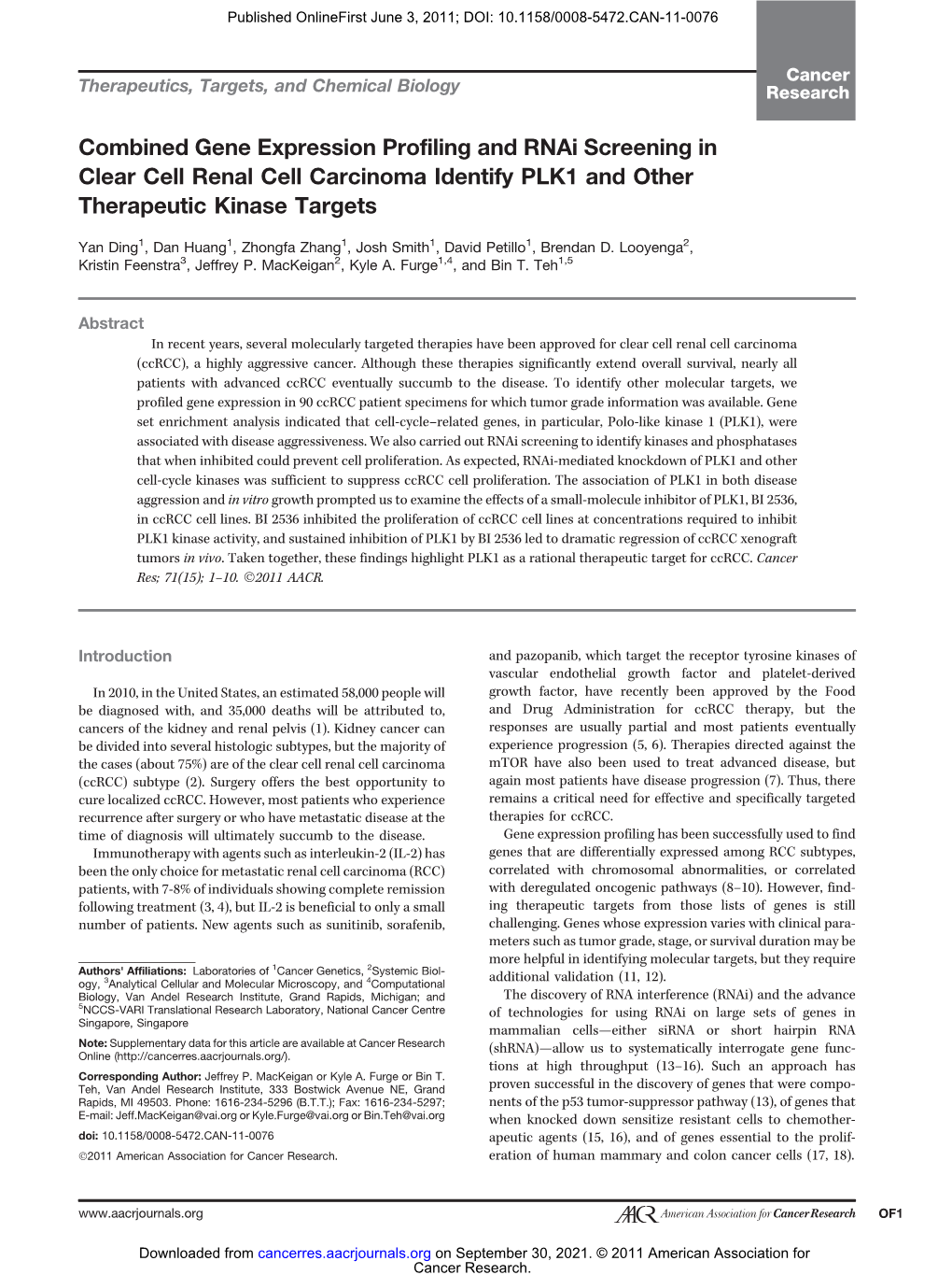 Combined Gene Expression Profiling and Rnai Screening in Clear Cell Renal Cell Carcinoma Identify PLK1 and Other Therapeutic Kinase Targets