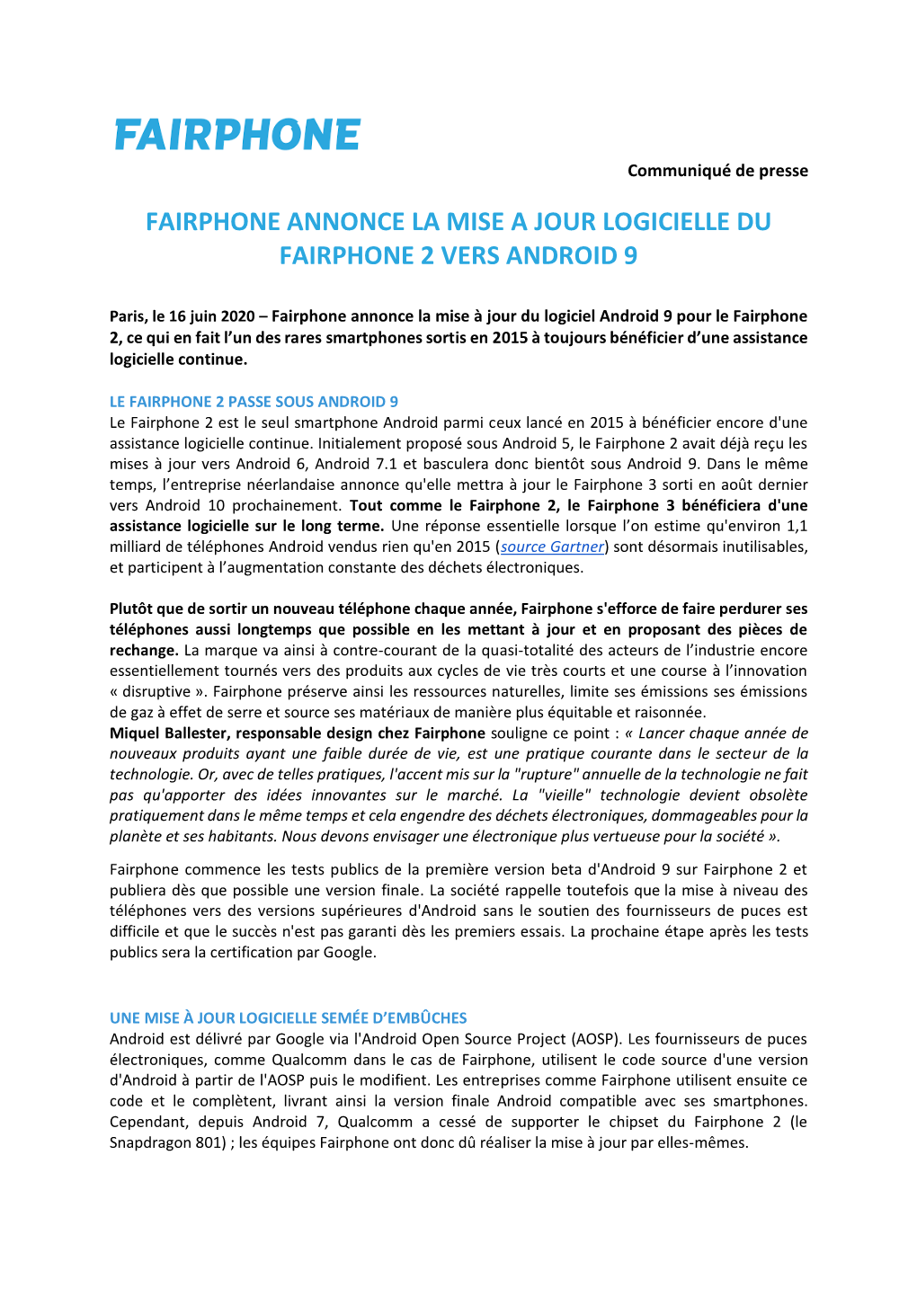 Fairphone Annonce La Mise a Jour Logicielle Du Fairphone 2 Vers Android 9