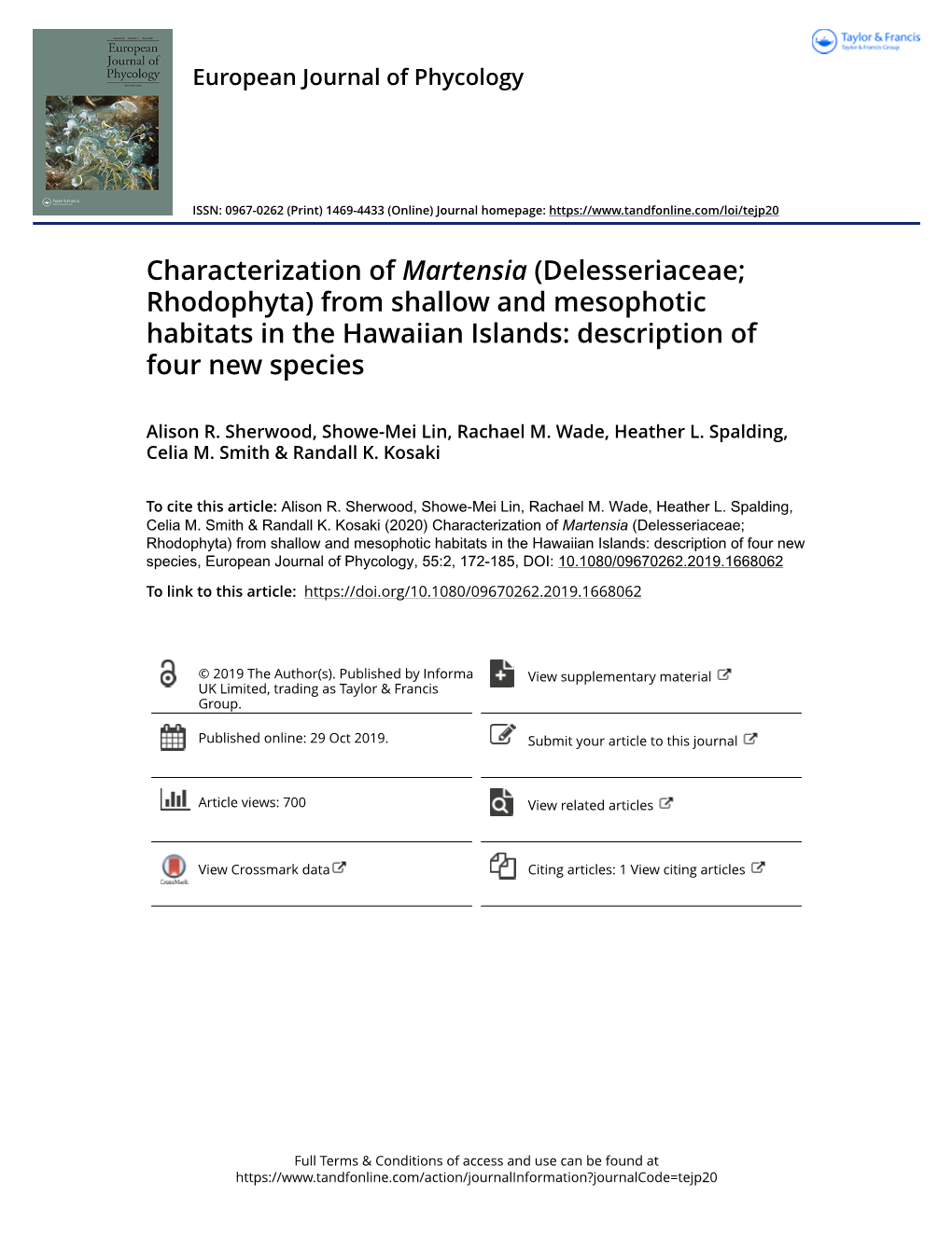 Characterization of Martensia (Delesseriaceae; Rhodophyta) from Shallow and Mesophotic Habitats in the Hawaiian Islands: Description of Four New Species