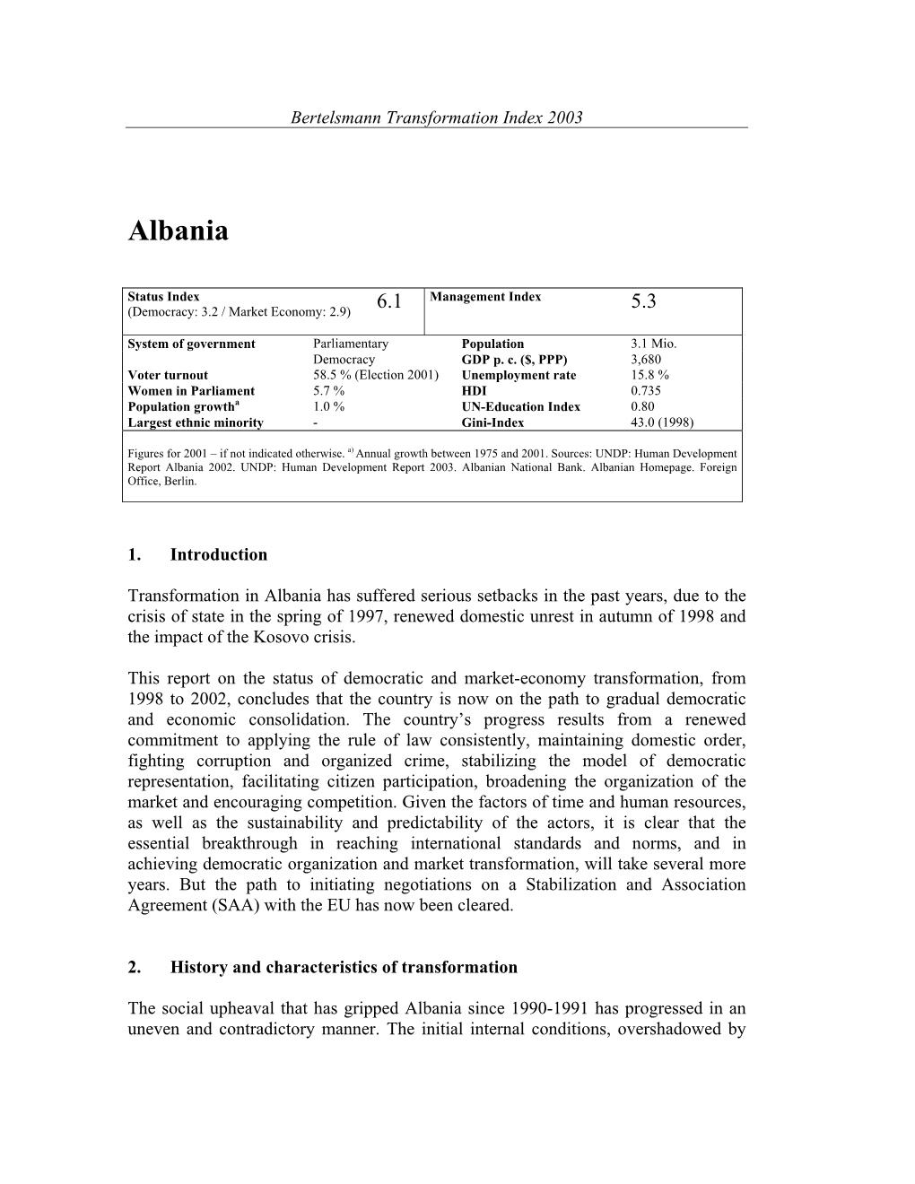 Albania Country Report BTI 2003