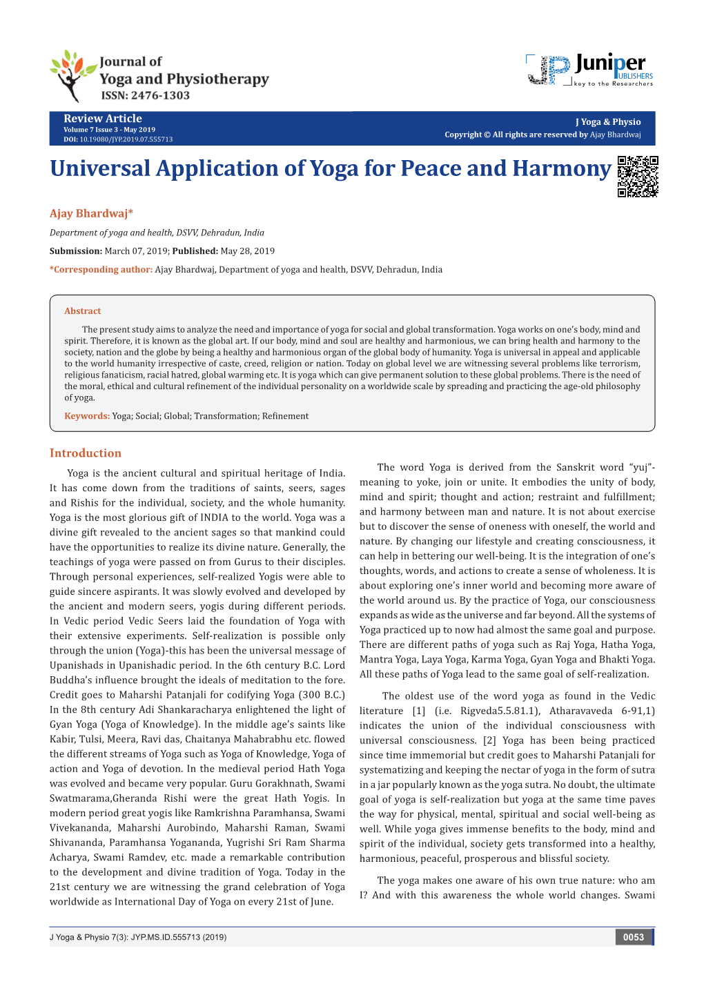 Universal Application of Yoga for Peace and Harmony