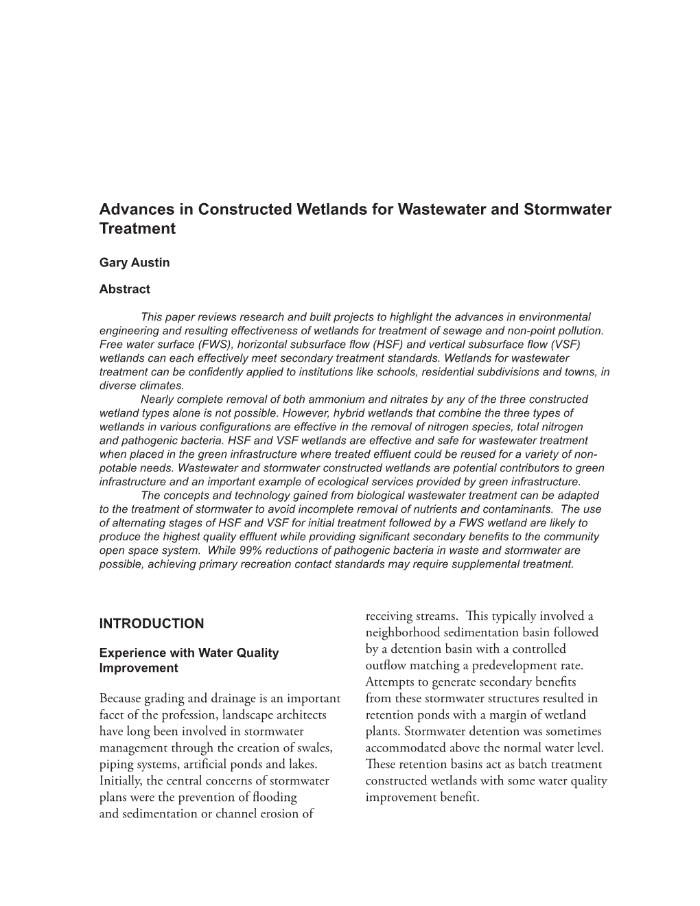 Advances in Constructed Wetlands for Wastewater and Stormwater Treatment