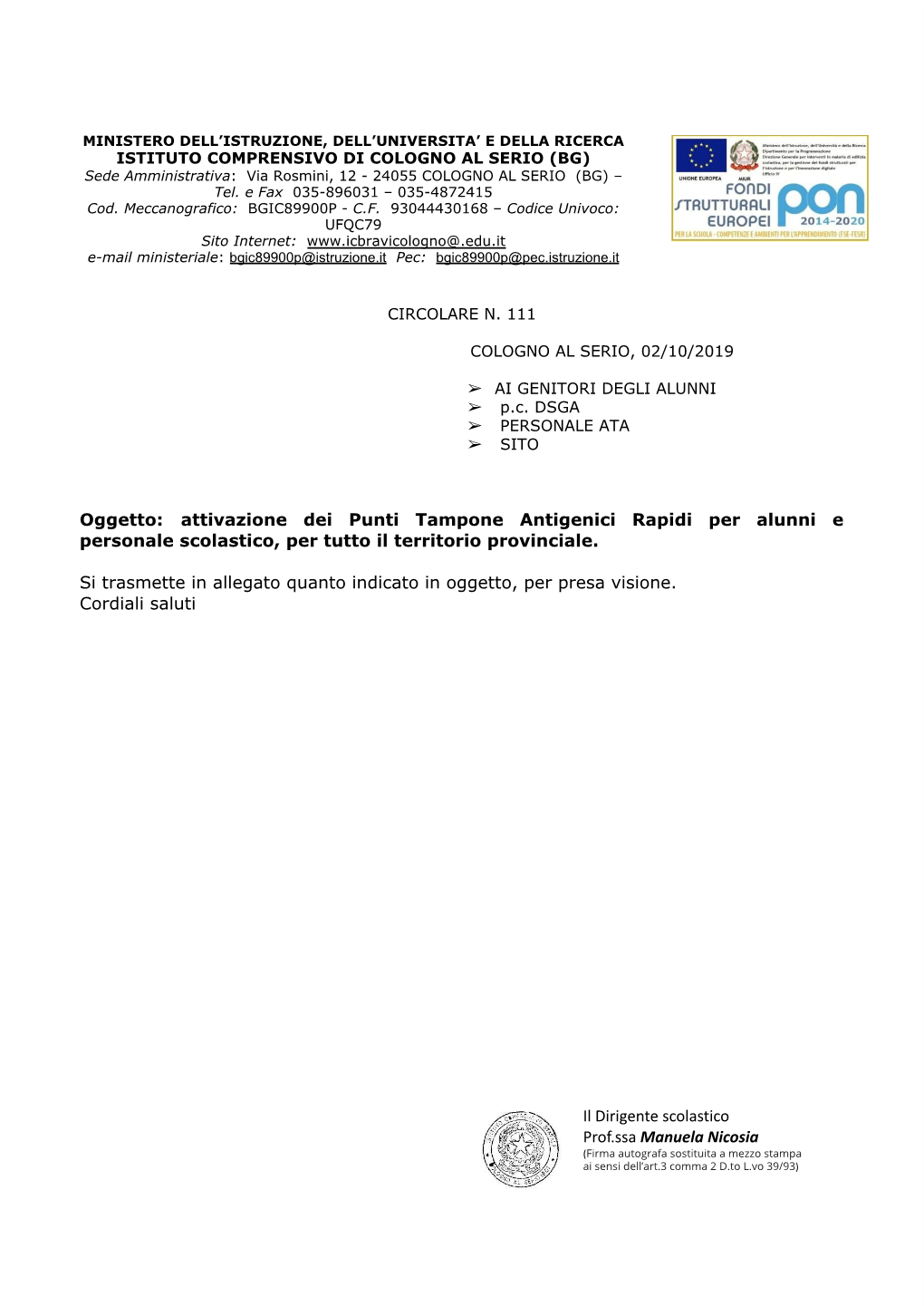 Attivazione Dei Punti Tampone Antigenici Rapidi Per Alunni E Personale Scolastico, Per Tutto Il Territorio Provinciale