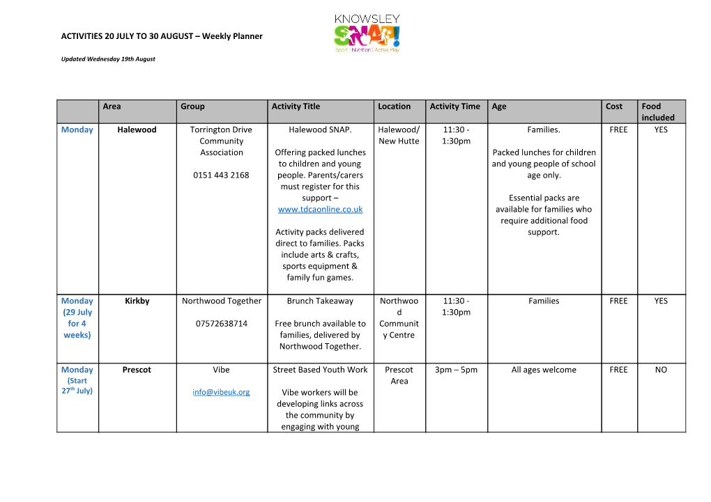 Weekly Planner Area Group Activity Title Location