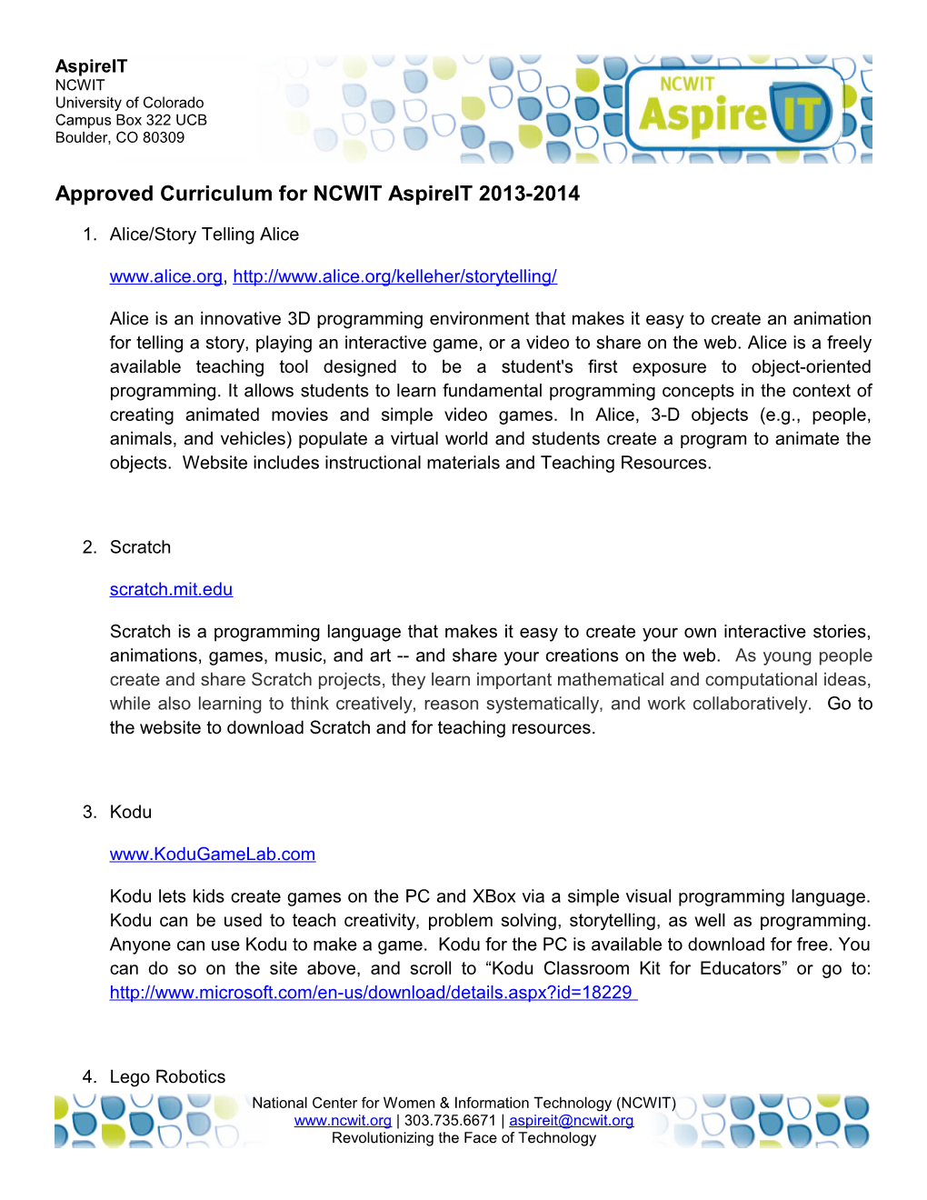 Approved Curriculum for NCWIT Aspireit 2013-2014