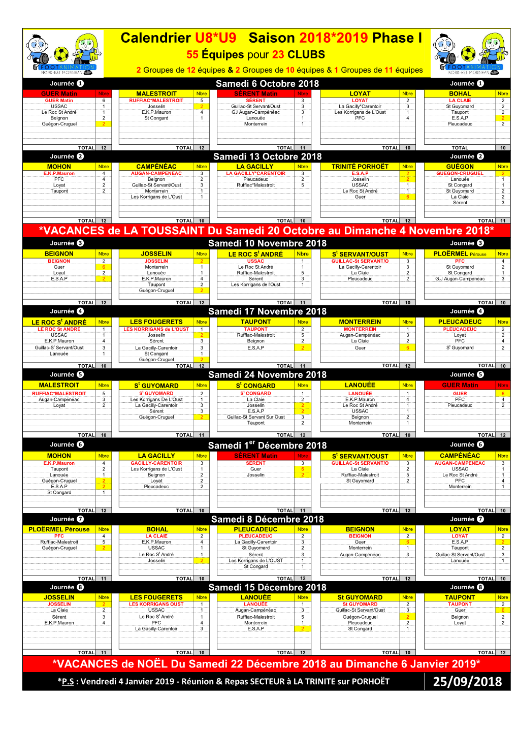 Calendrier U8*U9 Saison 2018*2019 Phase I 25/09/2018