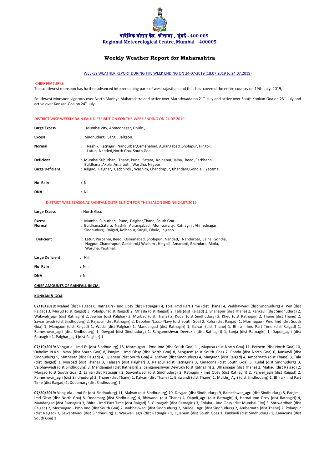 Weekly Weather Report for Maharashtra