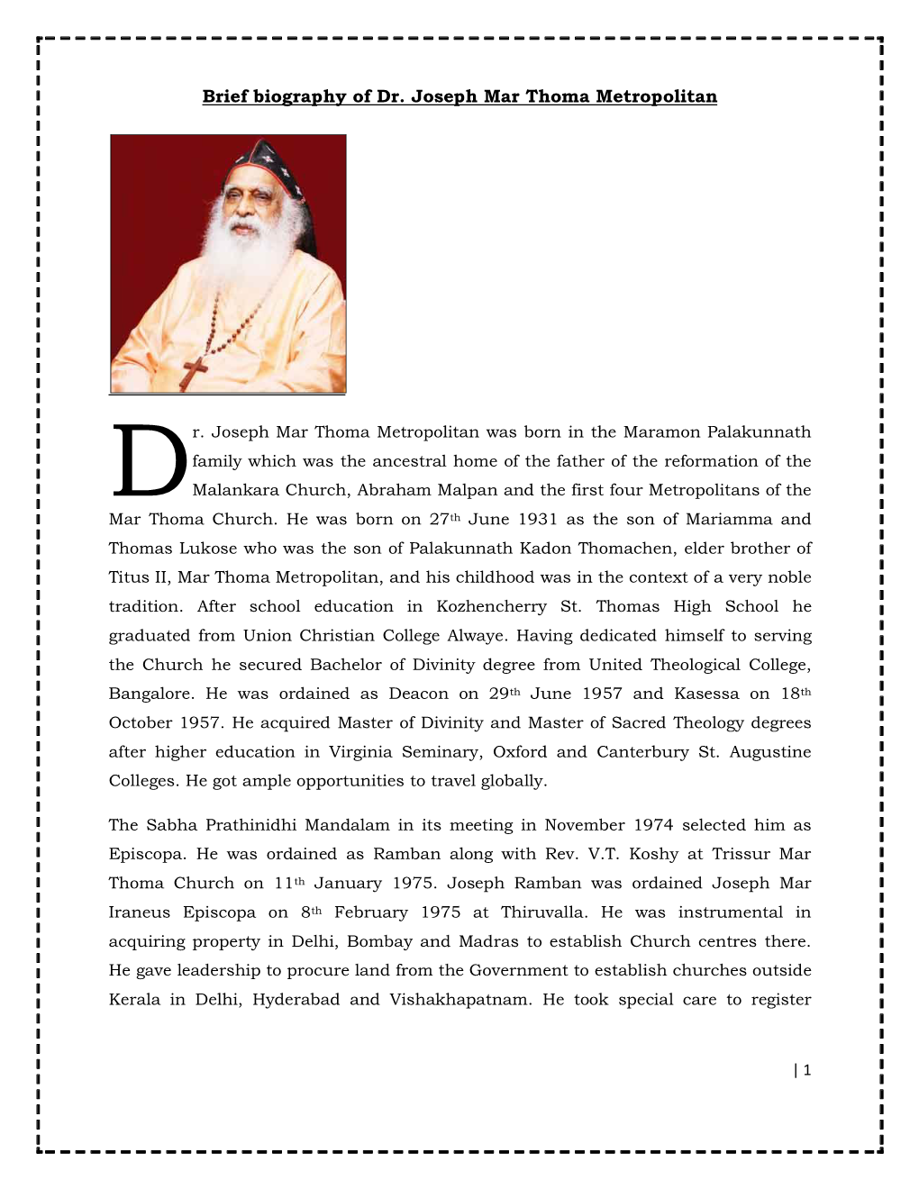 Brief Biography of Dr. Joseph Mar Thoma Metropolitan