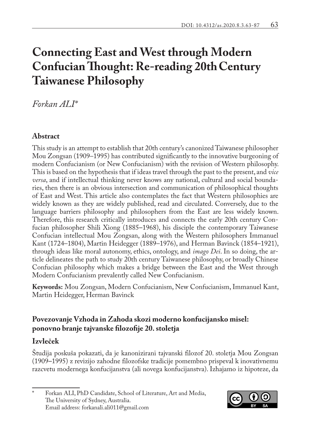 Connecting East and West Through Modern Confucian Thought: Re-Reading 20Th Century Taiwanese Philosophy