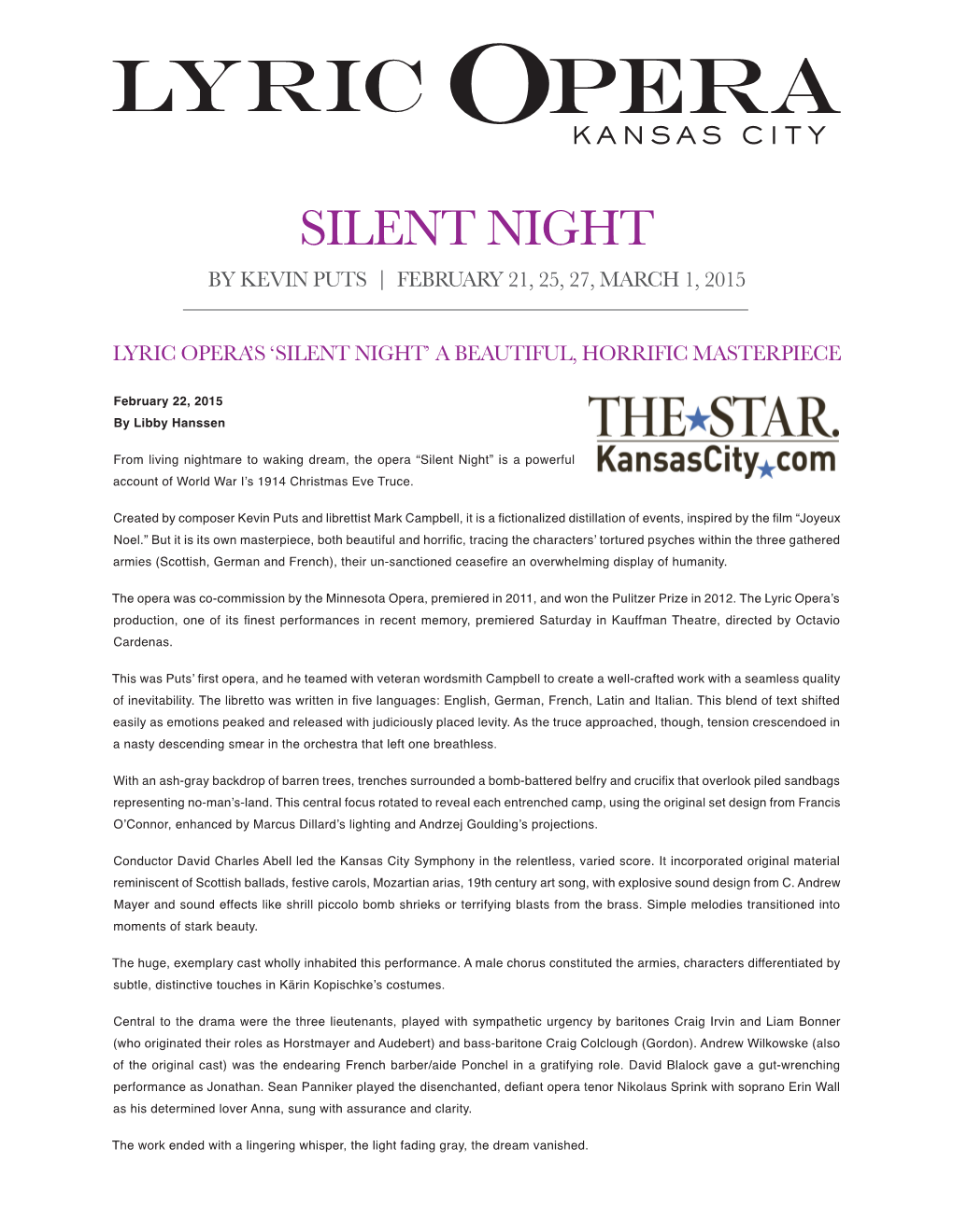 Silent Night by Kevin Puts | February 21, 25, 27, March 1, 2015