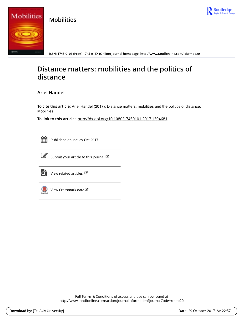 Distance Matters: Mobilities and the Politics of Distance