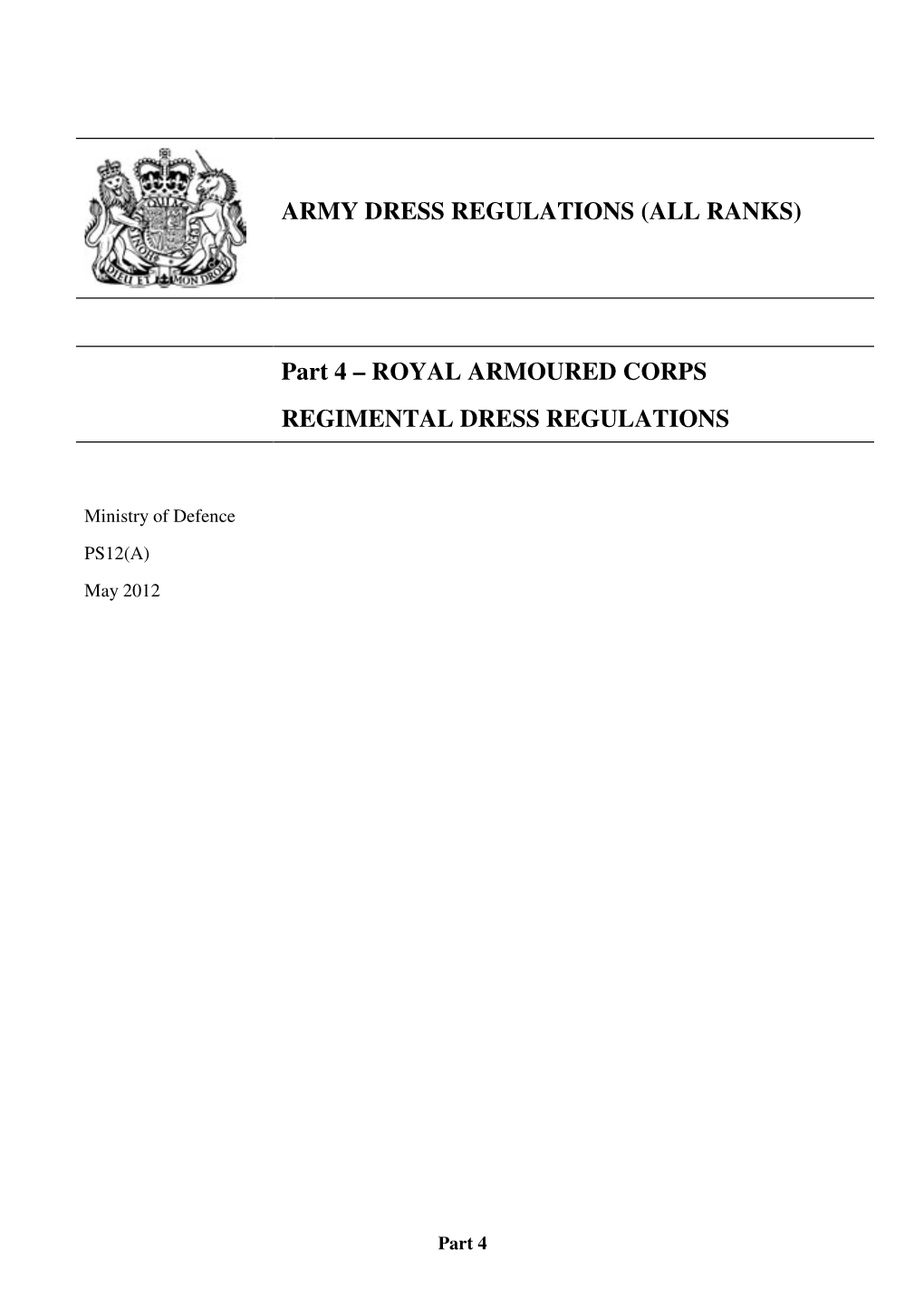 Part 4 – ROYAL ARMOURED CORPS REGIMENTAL DRESS REGULATIONS