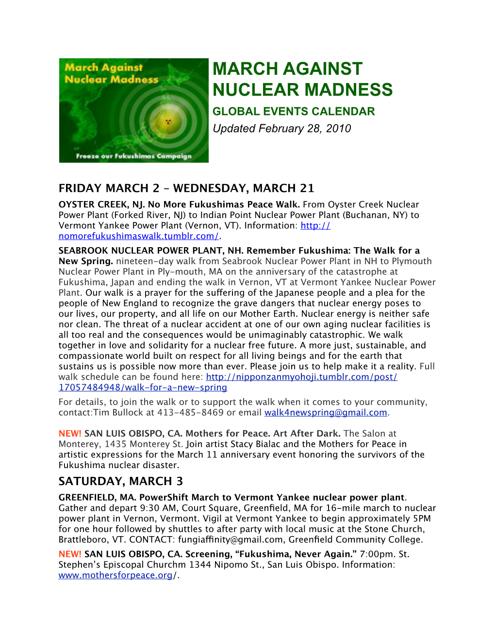 MARCH AGAINST NUCLEAR MADNESS GLOBAL EVENTS CALENDAR Updated February 28, 2010
