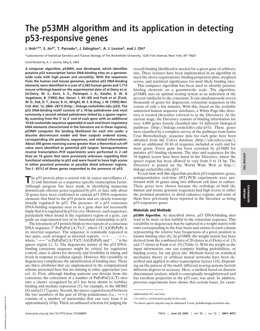 The P53mh Algorithm and Its Application in Detecting P53-Responsive Genes