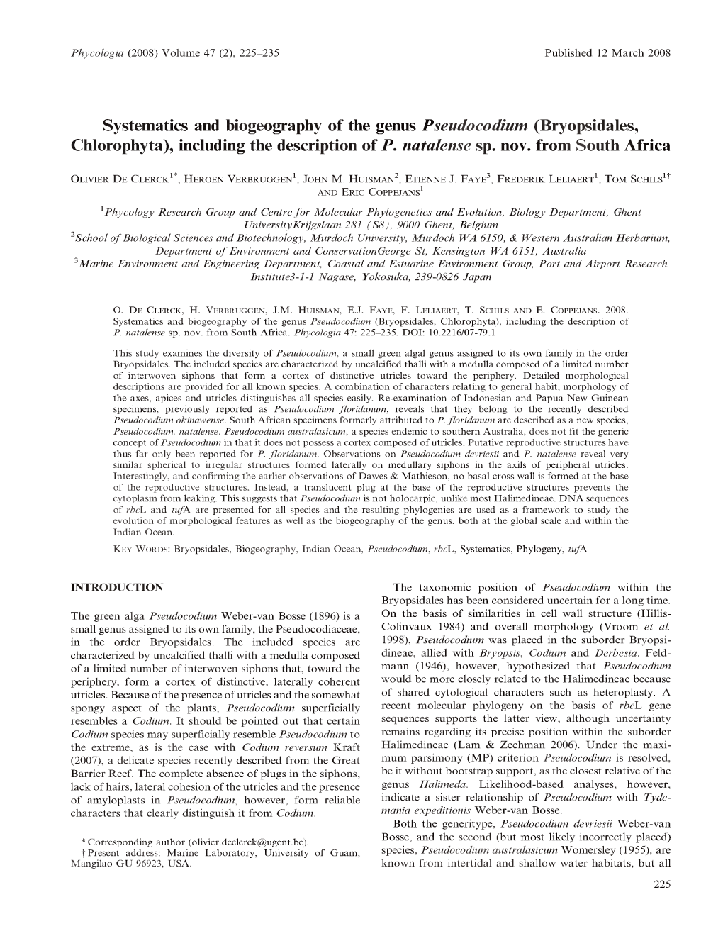 Systematics and Biogeography of the Genus Pseudocodium (Bryopsidales, Chlorophyta), Including the Description of P