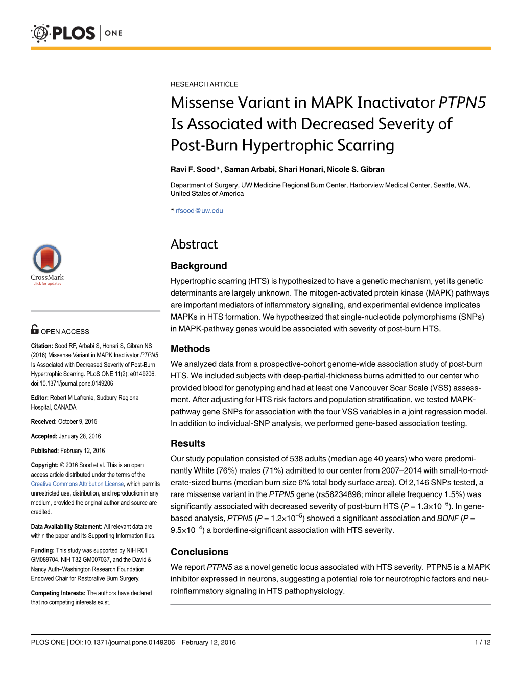 Missense Variant in MAPK Inactivator PTPN5 Is Associated with Decreased Severity of Post-Burn Hypertrophic Scarring